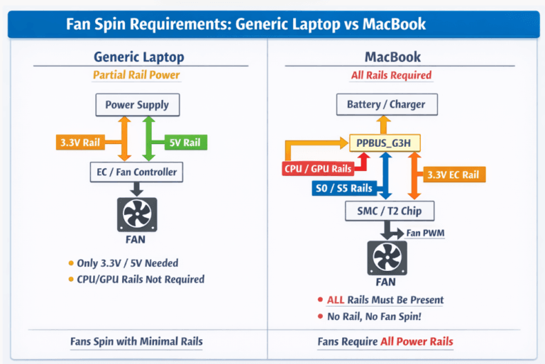Laptop needs only two power rails present to obtain fan spin. MacBook requires all power rails to be be present to obtain fan spin. Is this true?